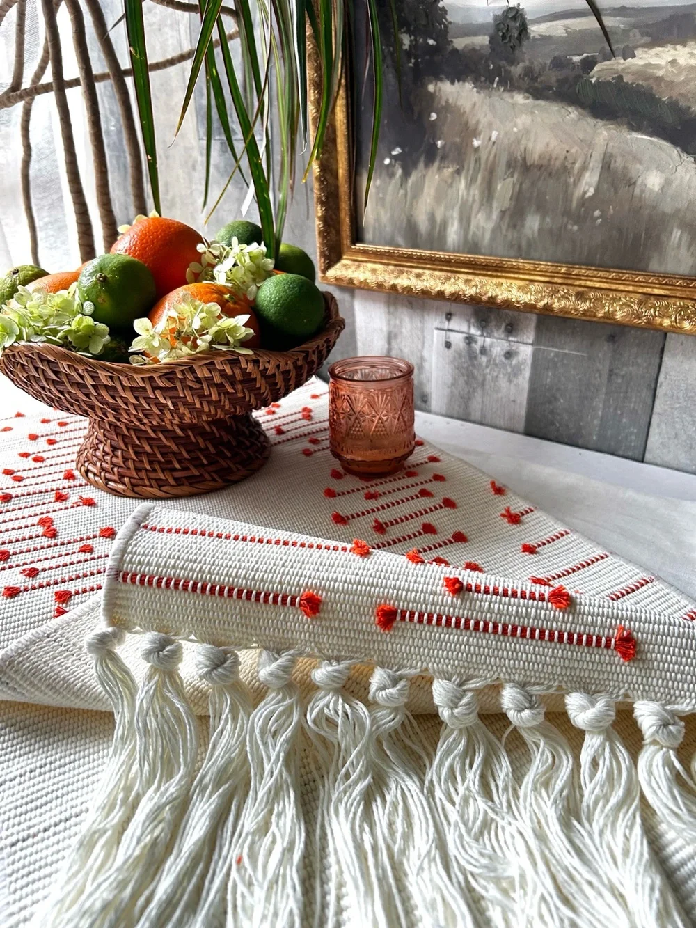 🌴Lovely Table Runner W/Boho Flair | White(cream) & Rusty Orange | Kirkton House